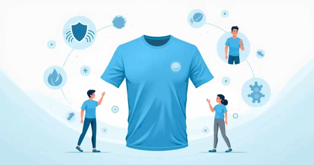 Ilustração corporativa flat de camiseta masculina azul com ícones de proteção contra odor e tecnologia respirável ao redor