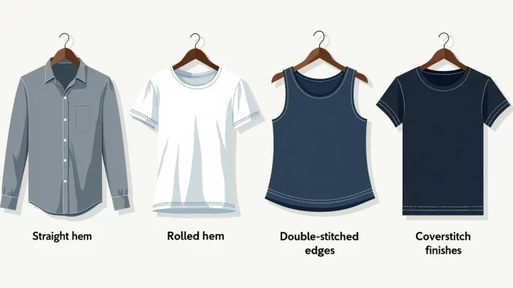 Ilustração corporativa em estilo flat mostrando diferentes tipos de bainha e acabamento em roupas masculinas com cortes variados e detalhes visíveis