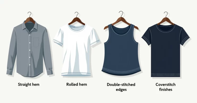 Ilustração corporativa em estilo flat mostrando diferentes tipos de bainha e acabamento em roupas masculinas com cortes variados e detalhes visíveis