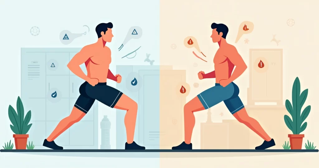 Ilustração comparando bermuda com compressão interna e bermuda sem cueca durante treino masculino