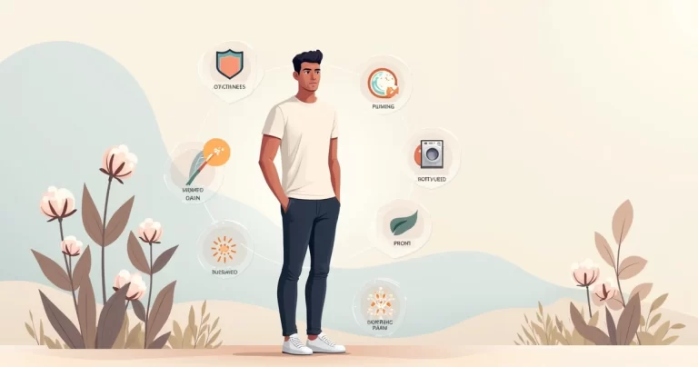 Ilustração de homem usando camiseta de algodão pima em cenário urbano minimalista