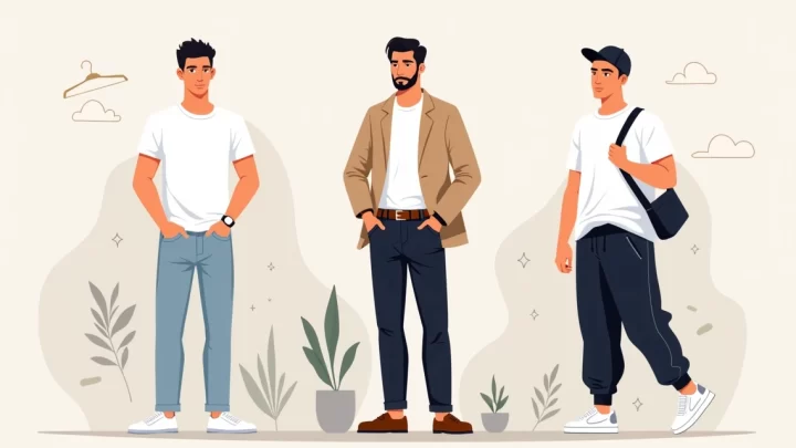 Homem usando camiseta branca lisa com três looks diferentes do casual ao elegante