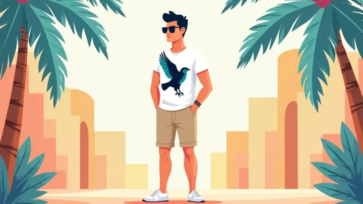 Homem usando camiseta com estampa de harpia em look masculino tropical urbano