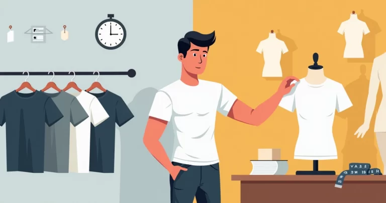 Homem comparando camisetas masculinas prontas e sob medida lado a lado
