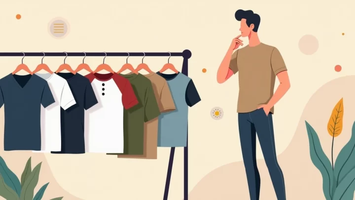 Homem escolhendo entre diferentes modelos de camisetas masculinas em um cabideiro