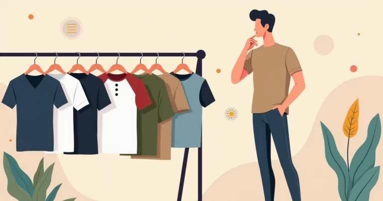 Homem escolhendo entre diferentes modelos de camisetas masculinas em um cabideiro