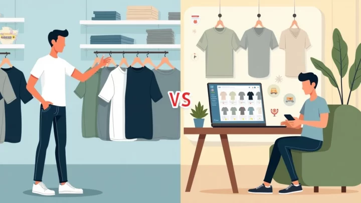 Ilustração comparando loja de shopping e compra de roupa masculina em marketplace online