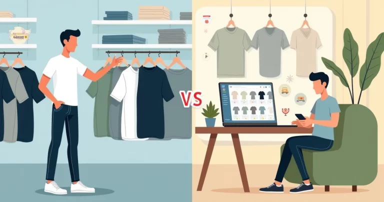 Ilustração comparando loja de shopping e compra de roupa masculina em marketplace online