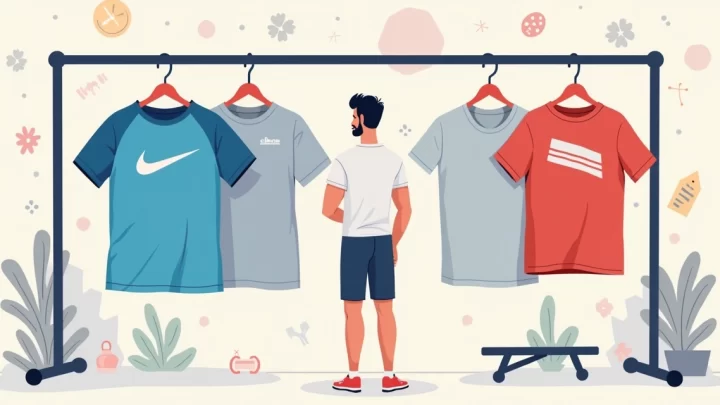 Homem escolhendo entre camisetas esportivas de marcas famosas e nacionais