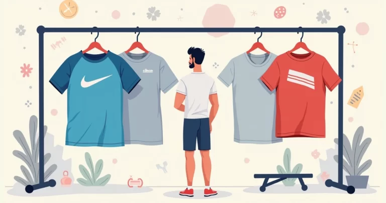 Homem escolhendo entre camisetas esportivas de marcas famosas e nacionais
