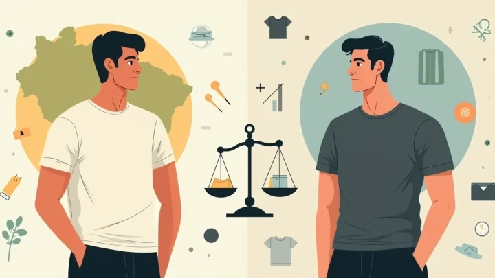 Ilustração comparando moda minimalista brasileira e internacional em camisetas masculinas