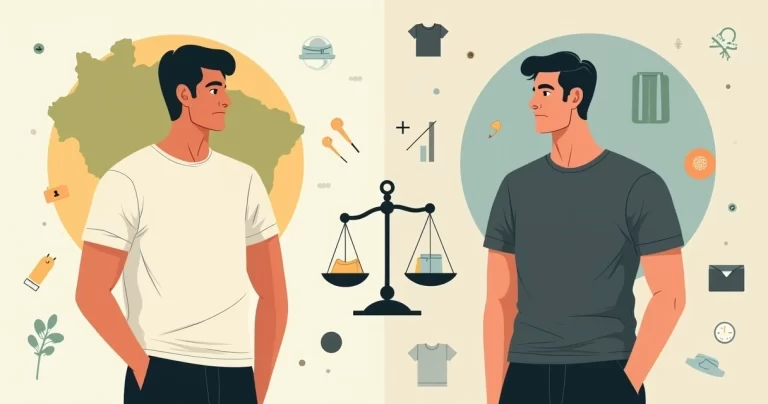 Ilustração comparando moda minimalista brasileira e internacional em camisetas masculinas