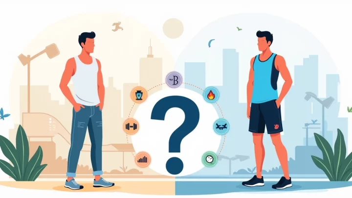 Homem comparando regata básica casual e regata esportiva em ilustração dividida