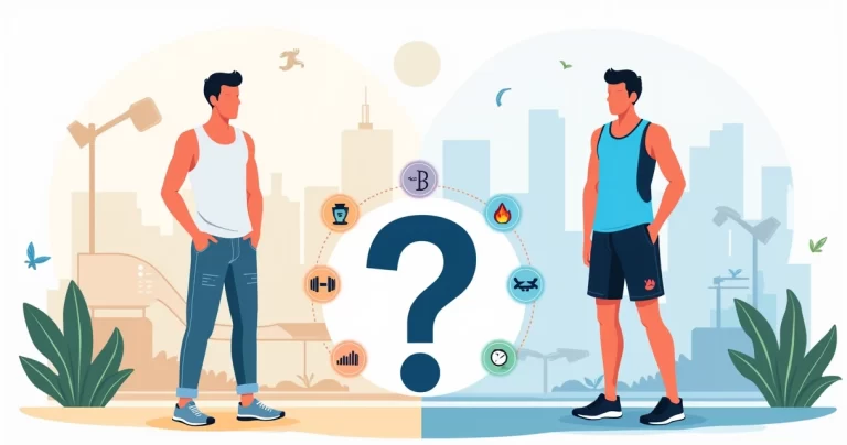 Homem comparando regata básica casual e regata esportiva em ilustração dividida