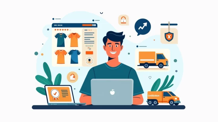 Homem avaliando camisetas online de uma pequena marca em notebook e celular