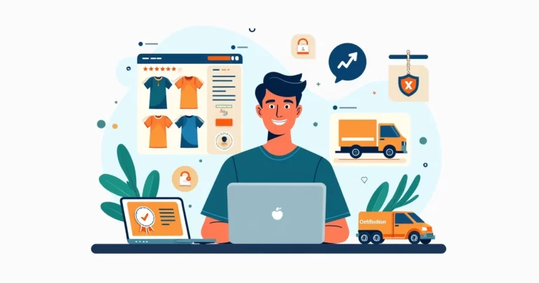 Homem avaliando camisetas online de uma pequena marca em notebook e celular