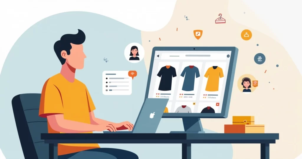 Homem escolhendo camisetas básicas em loja online no notebook