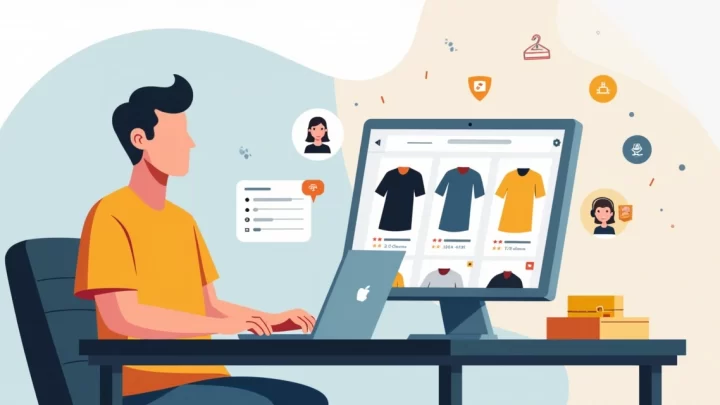 Homem escolhendo camisetas básicas em loja online no notebook