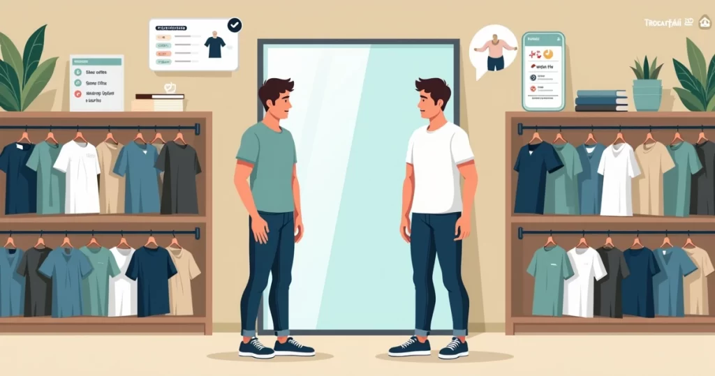 Homem escolhendo camiseta masculina certa em loja com provador virtual