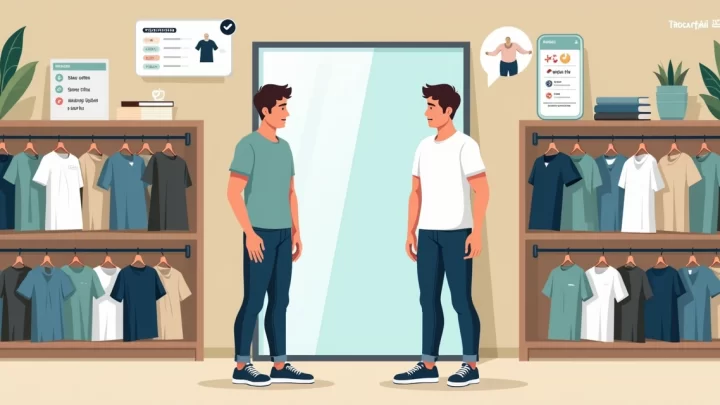 Homem escolhendo camiseta masculina certa em loja com provador virtual