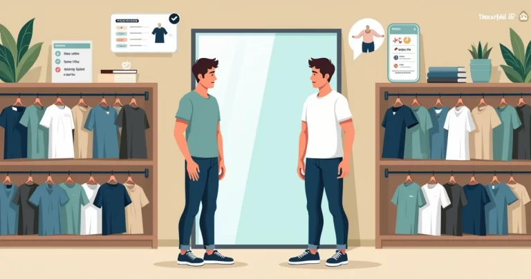 Homem escolhendo camiseta masculina certa em loja com provador virtual