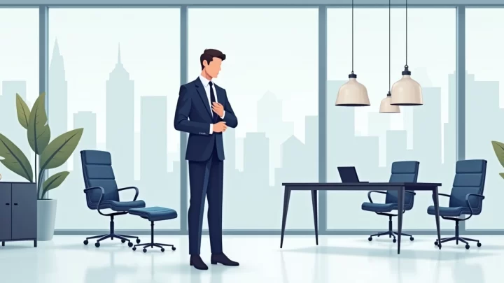 Homem de negócios de terno sob medida em escritório moderno ajustando a gravata