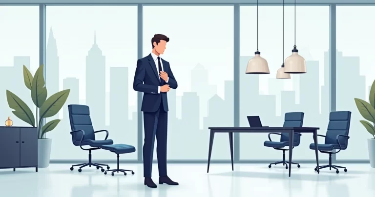 Homem de negócios de terno sob medida em escritório moderno ajustando a gravata