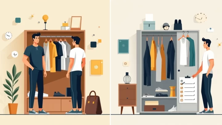 Ilustração comparando guarda-roupa cápsula masculino autodidata e listas prontas