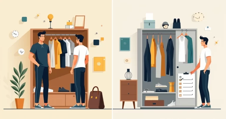 Ilustração comparando guarda-roupa cápsula masculino autodidata e listas prontas