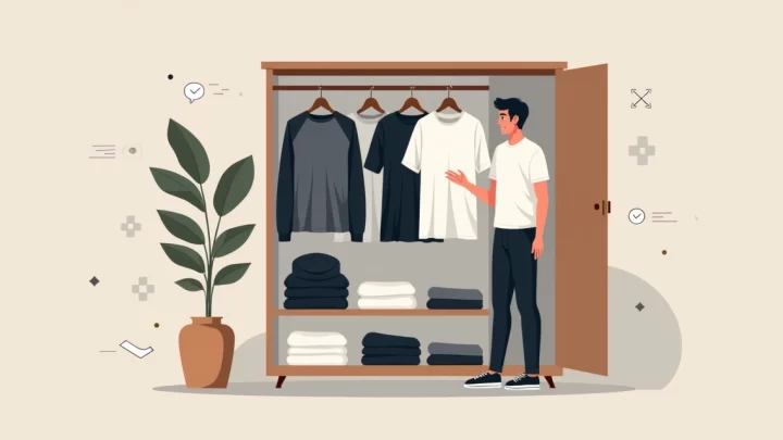 Homem escolhendo roupas essenciais em guarda-roupa masculino minimalista organizado