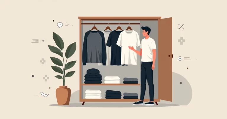 Homem escolhendo roupas essenciais em guarda-roupa masculino minimalista organizado