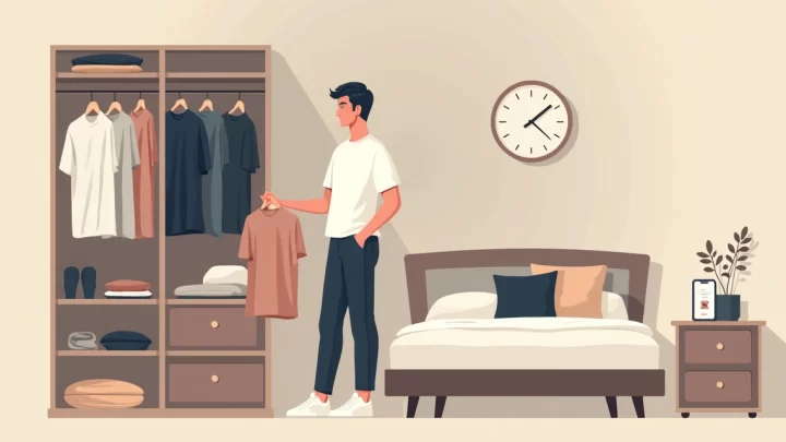 Homem escolhendo roupa minimalista em guarda-roupa organizado