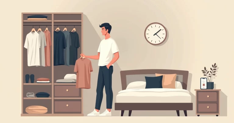 Homem escolhendo roupa minimalista em guarda-roupa organizado