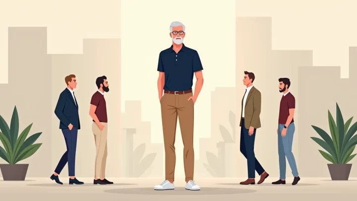 Homem acima de 40 anos usando look azul-marinho e camelo com outras combinações de cores ao fundo