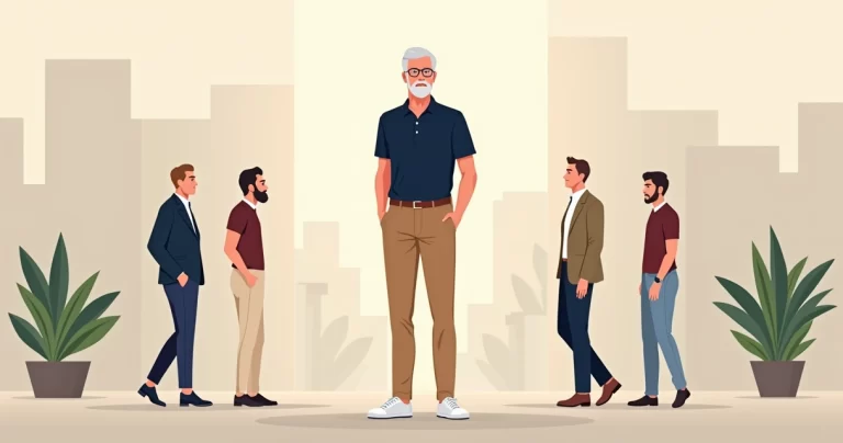 Homem acima de 40 anos usando look azul-marinho e camelo com outras combinações de cores ao fundo