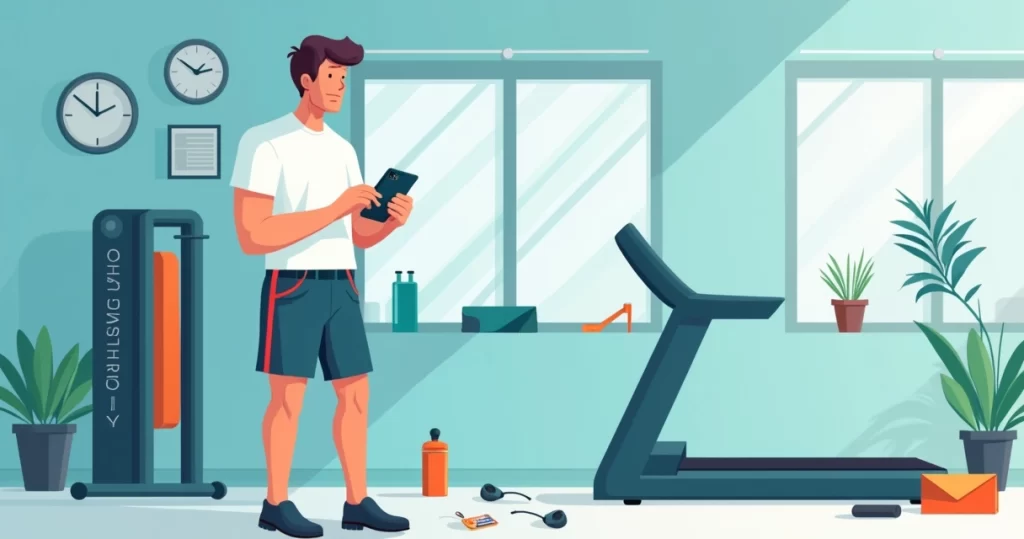 Homem na academia segurando celular sem ter bolso funcional na bermuda