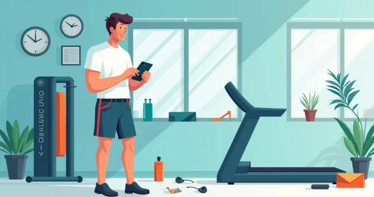 Homem na academia segurando celular sem ter bolso funcional na bermuda