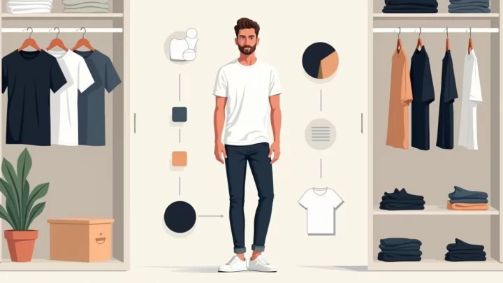 Homem usando roupas básicas neutras com guarda-roupa minimalista ao fundo