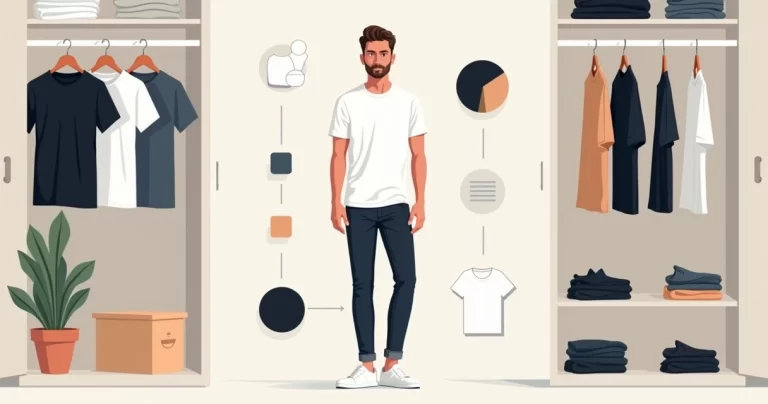 Homem usando roupas básicas neutras com guarda-roupa minimalista ao fundo