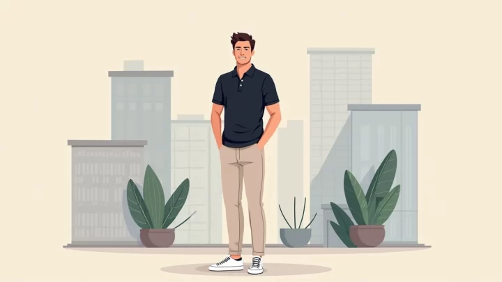 Homem usando camisa polo preta combinada com calça clara em cenário urbano estiloso