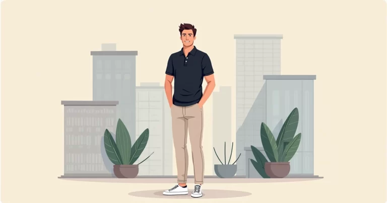 Homem usando camisa polo preta combinada com calça clara em cenário urbano estiloso