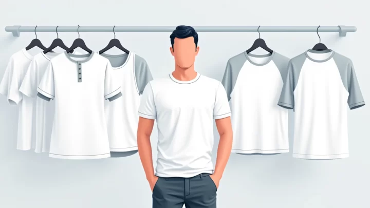 Homem usando camiseta branca masculina com diferentes tipos e caimentos ao fundo