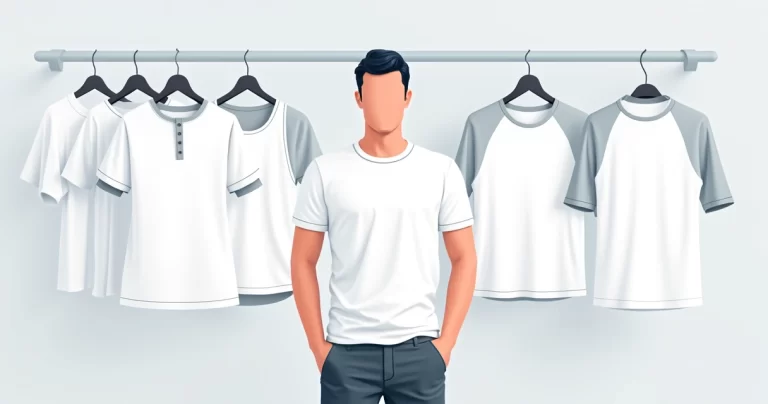 Homem usando camiseta branca masculina com diferentes tipos e caimentos ao fundo