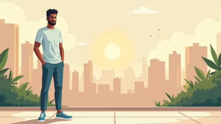 Homem usando camiseta de tecido modal em cenário urbano moderno