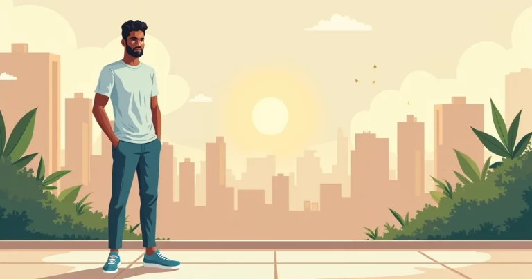 Homem usando camiseta de tecido modal em cenário urbano moderno