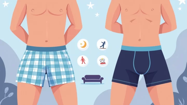 Ilustração comparando cueca samba canção larga e cueca boxer justa lado a lado