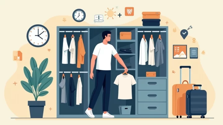 Homem se vestindo com camiseta funcional em guarda-roupa organizado