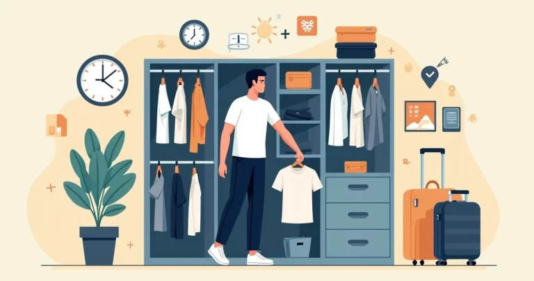 Homem se vestindo com camiseta funcional em guarda-roupa organizado