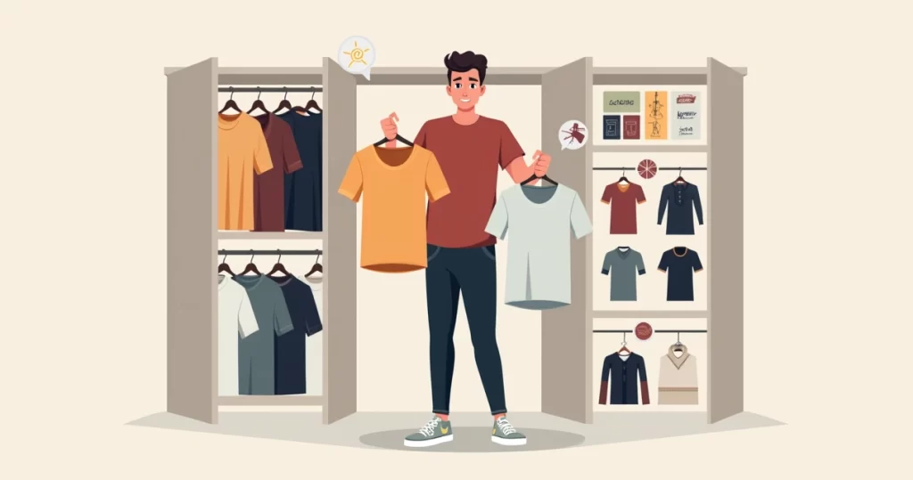 Homem escolhendo camisetas no guarda-roupa com guia visual de estilos