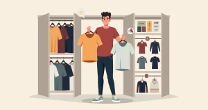 Homem escolhendo camisetas no guarda-roupa com guia visual de estilos